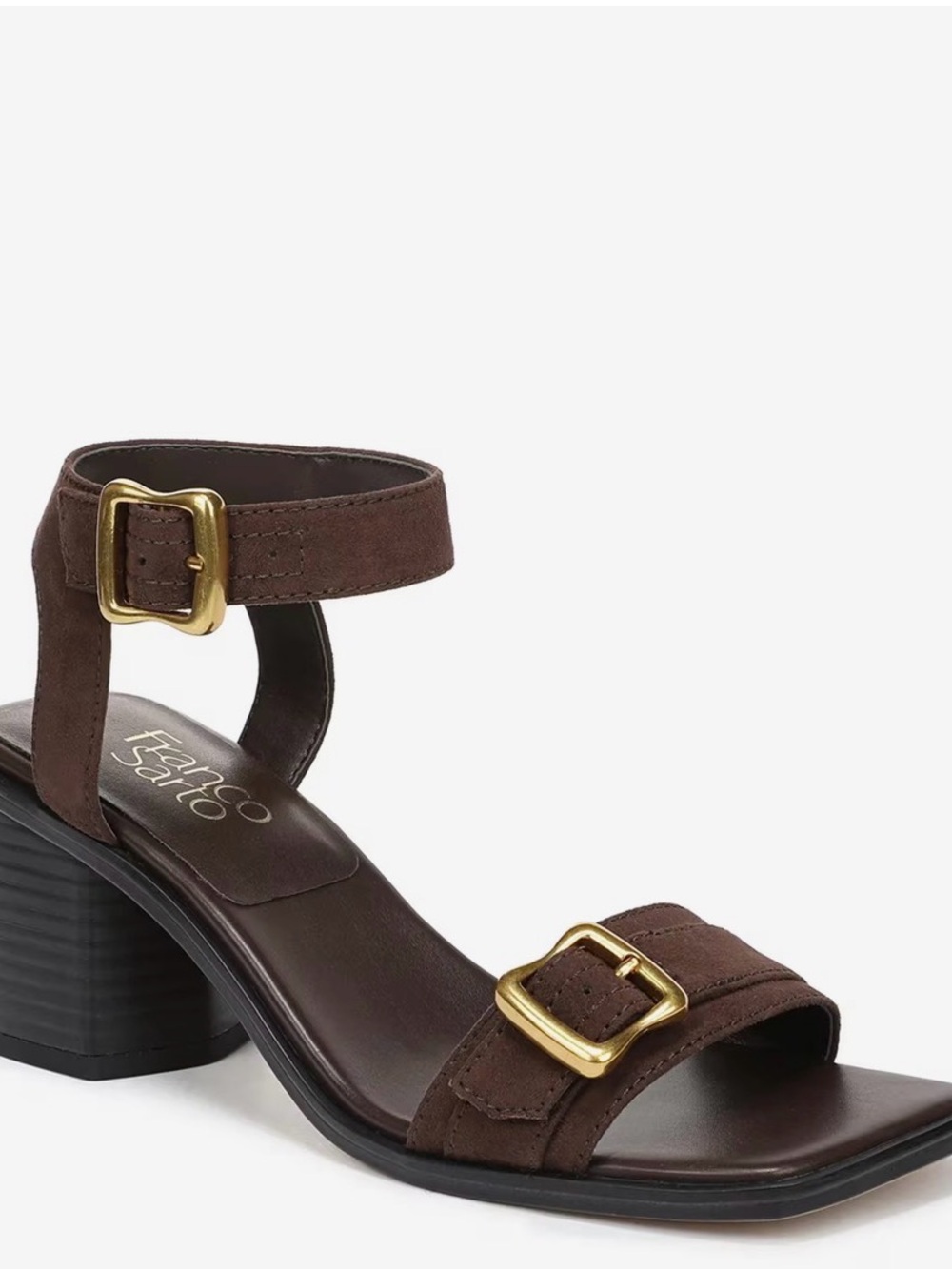 Franco Sarto Rayona Block Sandal in Brown Suede with Gold Buckle